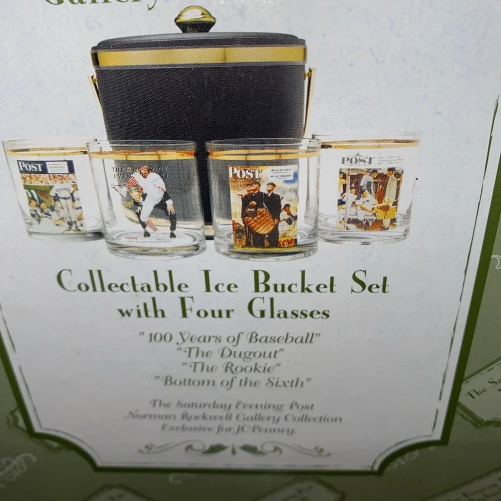 Vintage Ice Bucket Saturday evening post collectible 4 Whiskey glasses Baseball